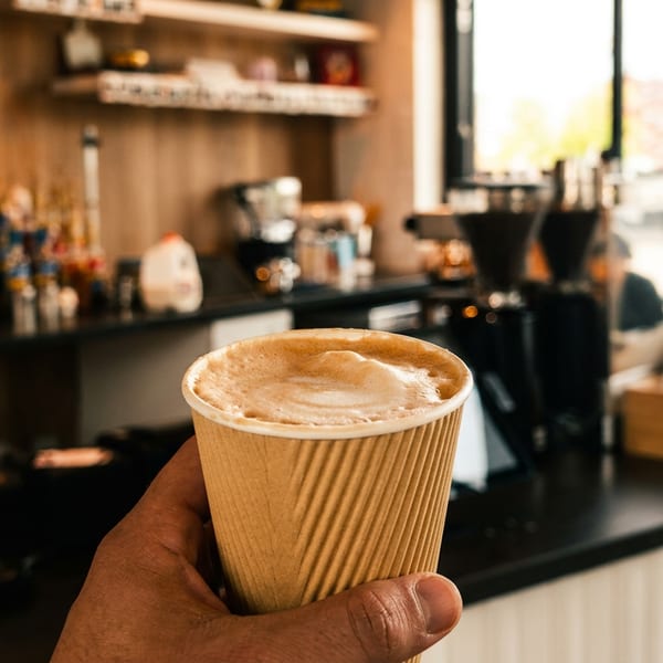 Hand holding a coffee cup with latte art, inside a bustling coffee shop.