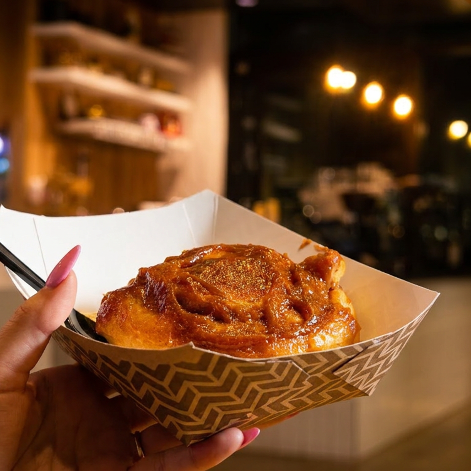 A hand holds a sticky bun in a paper tray with a fork, against a blurred restaurant background.