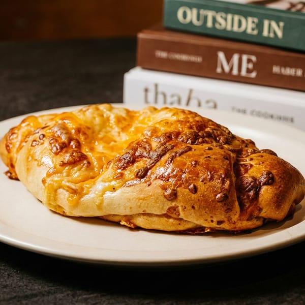 Golden-brown cheese bread on a white plate, with cookbooks stacked in the background.