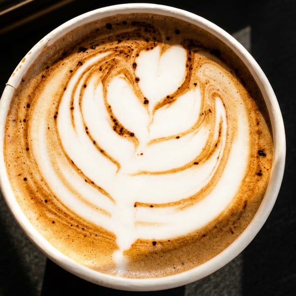 Overhead view of a latte in a white cup with intricate latte art on a dark surface.