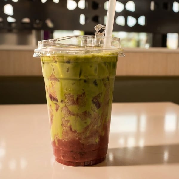 A vibrant green and red layered drink with a straw in a clear plastic cup on a white table.