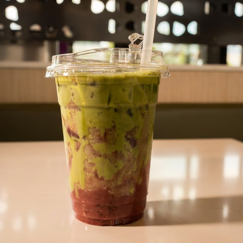 A vibrant green and red layered drink with a straw in a clear plastic cup on a white table.